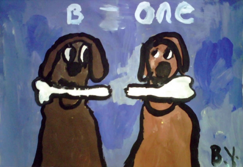 Two Different Dogs Eating a Bone 